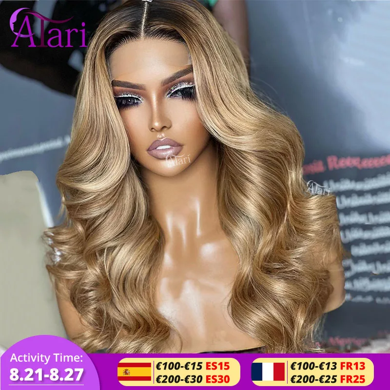 13x6 Lace Frontal Body Wave Wig Brown Roots Ombre Blonde 13x4 Lace Front Human Hair Wigs Baby Hair Transparent 5x5 Closure Wig