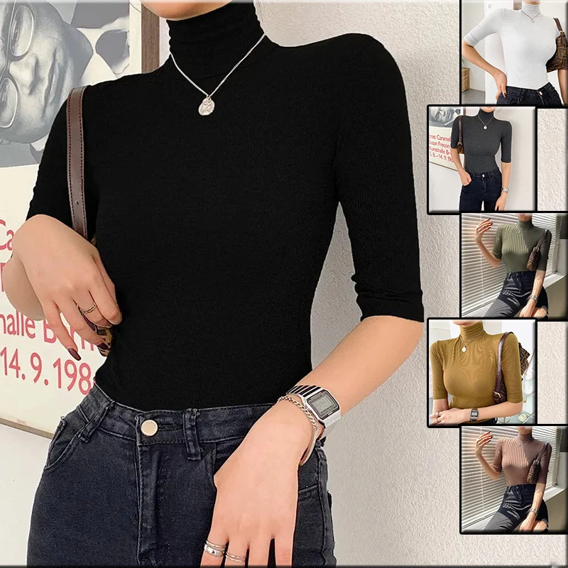 

Винтажная однотонная Облегающая водолазка, сезон весна-осень, модные топы с коротким рукавом, Повседневный пуловер, женская футболка в стил...