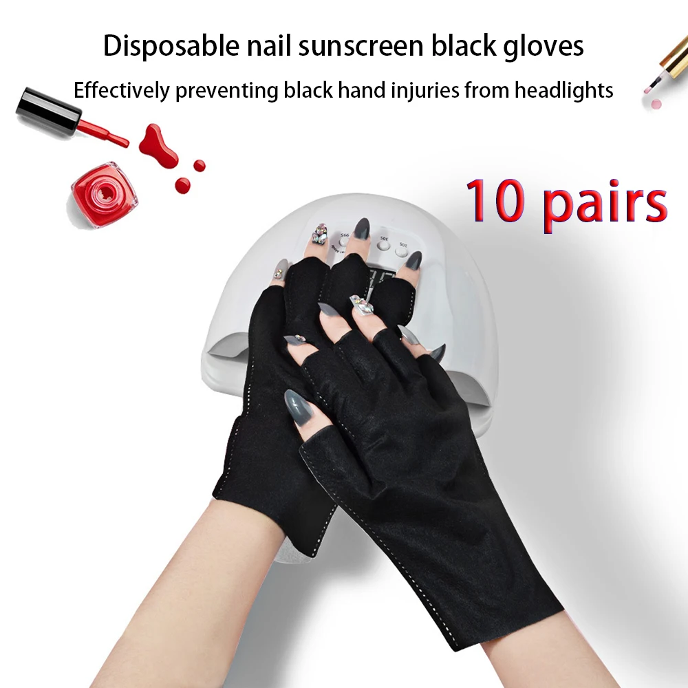 

10Pairs Art Nail UV Resistant Gloves Phototherapy Machine Light Protection Black Exposed Fingers Disposable Manicure Accessories