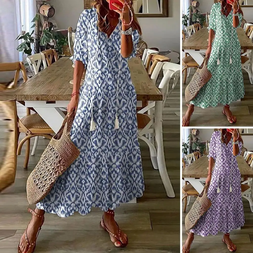 

Fashion Ladies Dress V Neck Large Hem Ethnic Boho Women Maxi Dress Breathable Women Dress Beach Wear