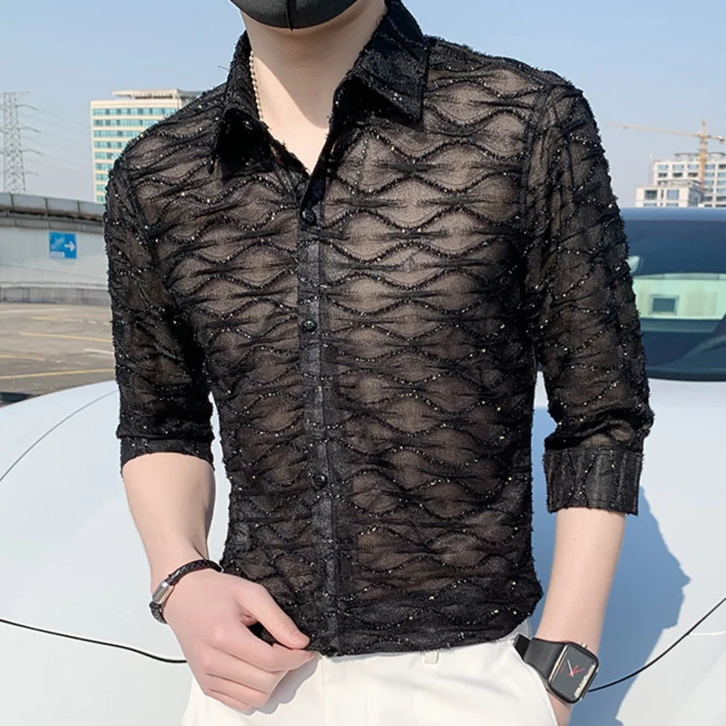 

2022 Nightclub Sexy Lace See-through Men's Slim Fit Half Sleeve Casual Shirt Social Party Tuxedo Stage Singer Streetwear