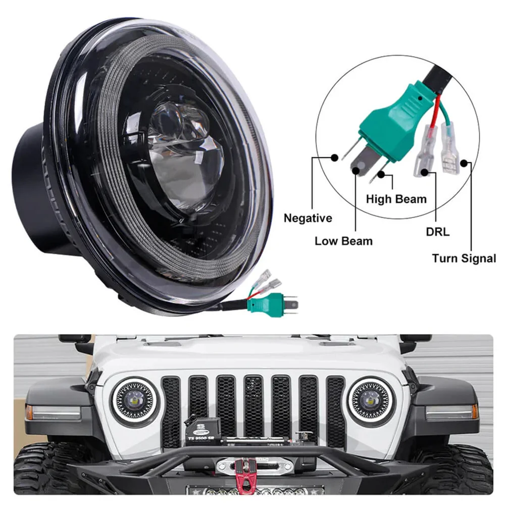 

7 Inch Projection LED Headlights with Halo DRL/Turn Signal For Jeep Wrangler TJ JK JKU JL Hummer H1 H2 Defender 90 110, Black