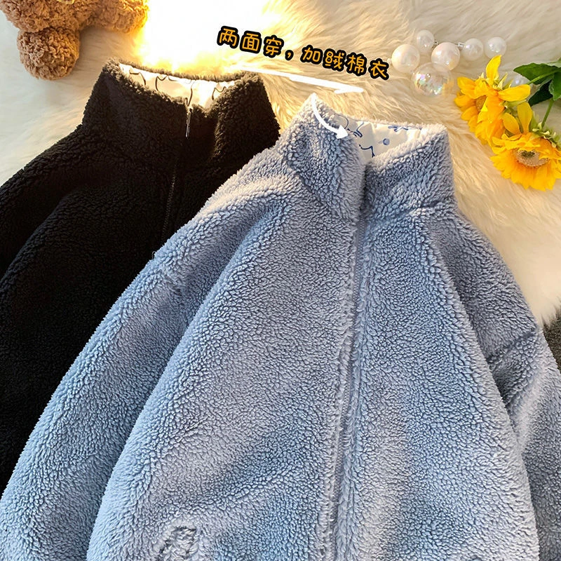 Women Double-Faced Cotton Padded Jacket Autumn Winter Loose Cotton-Padded Casual Lamb Wool Can Be Worn On Both Sides Coat Parkas