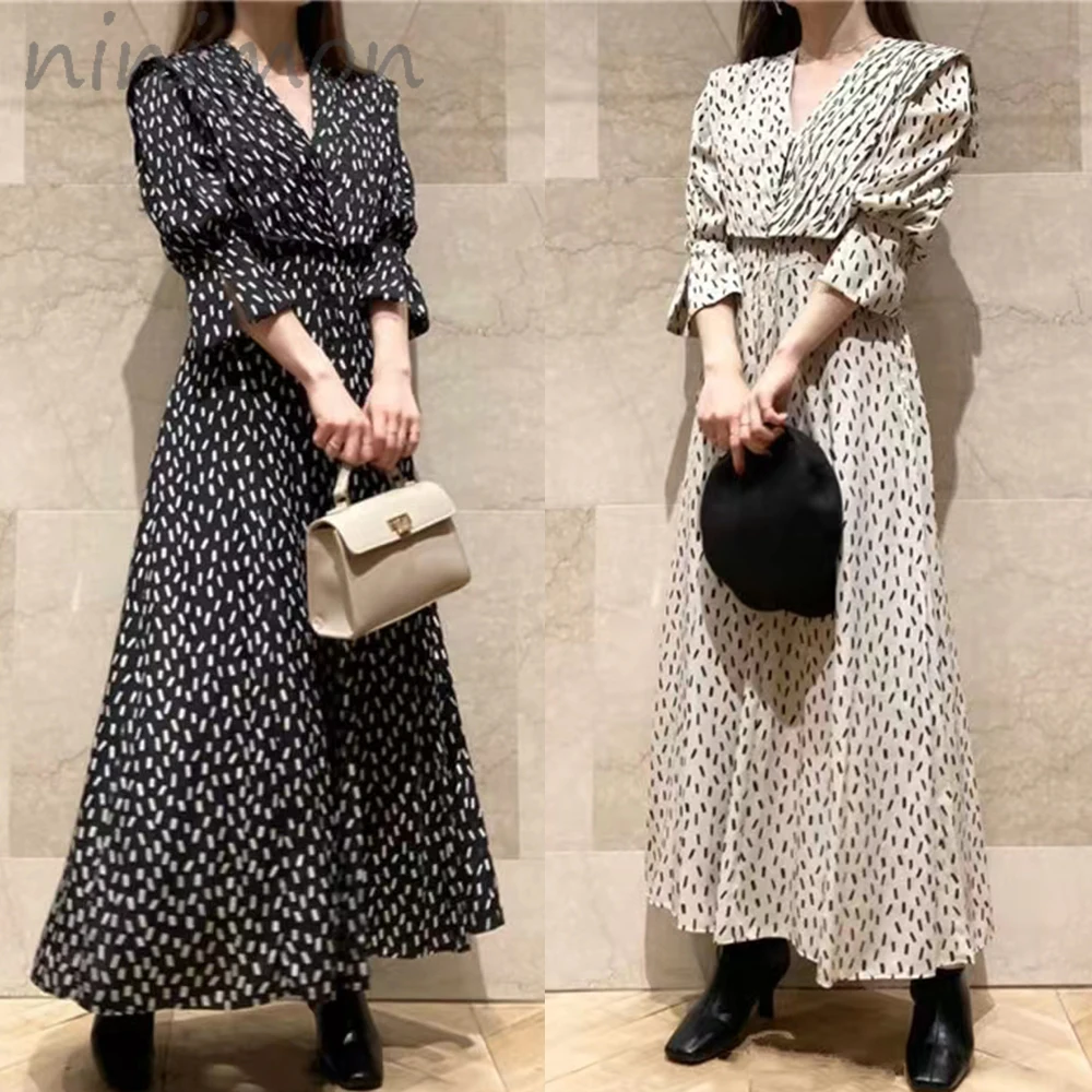 

NINIMON Autumn Big Collar A Line Dress Navy V Neck Drawstring Midi Dresses Pleated Sweet High Waist Print Office Lady Retro Robe