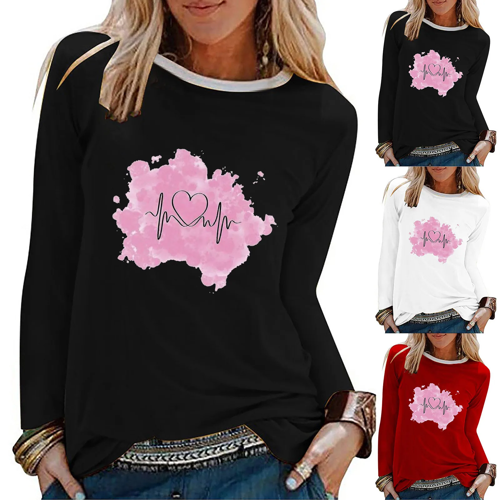 

Women Long Sleeve Round Neck Printed Valentine's Day Pullover Casual T Shirt Athletic Top Cotton Long Sleeve T Shirts for Women