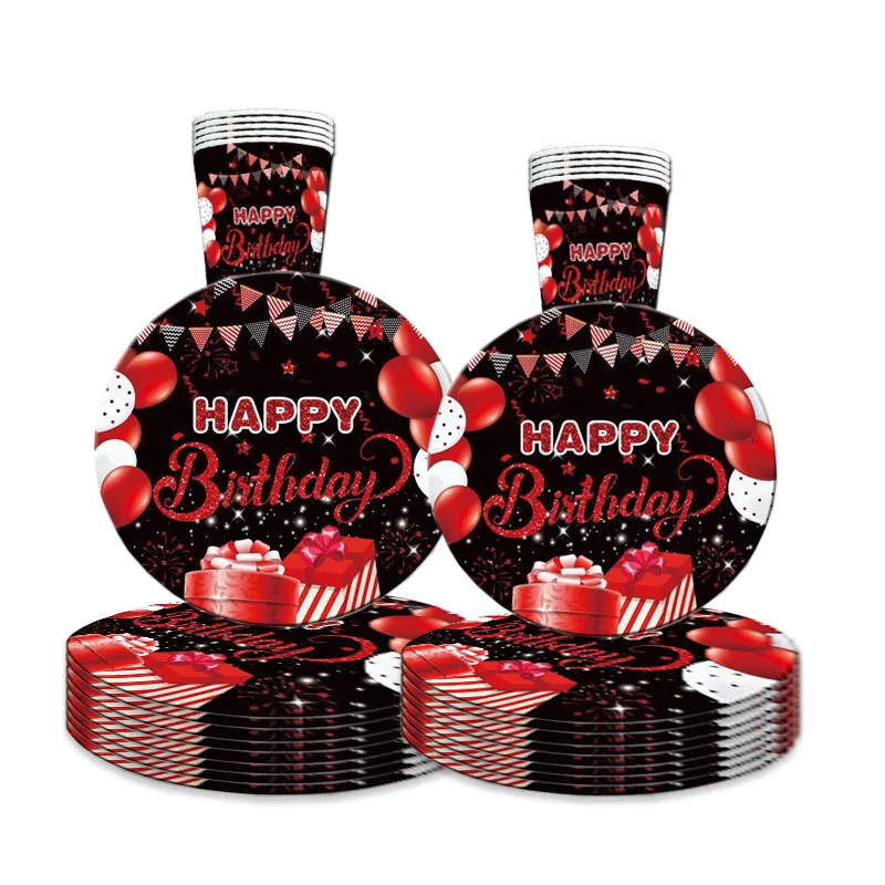 

Black Red Theme Birtdhay Disposable Tableware Red Balloons Gift Box Plates Cups Napkins Kids Girls Happy Birthday Party Supplies