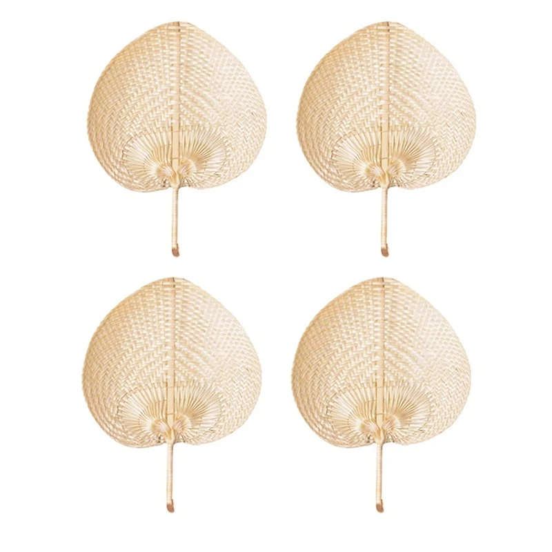 

4Pcs Chinese Style Handmade Straw Fan Hand-Woven Palm Leaf Hand Woven Heart Shaped Fan Cooling Hand Fans
