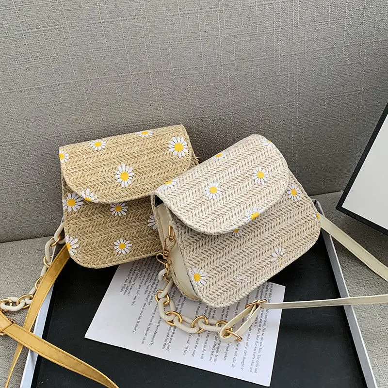 

Women Summer Straw Bags Female Shoulder Crossbody Saddle Bag Messenger Chain Bag sac