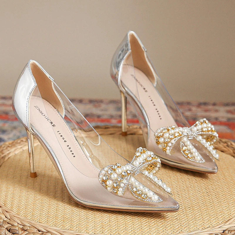 

Transparent Pumps For Women Party Shoes 2022 Fashion New 7CM Thin Heel Bow Rhinestones Female Office High Heels Wedding Shoes
