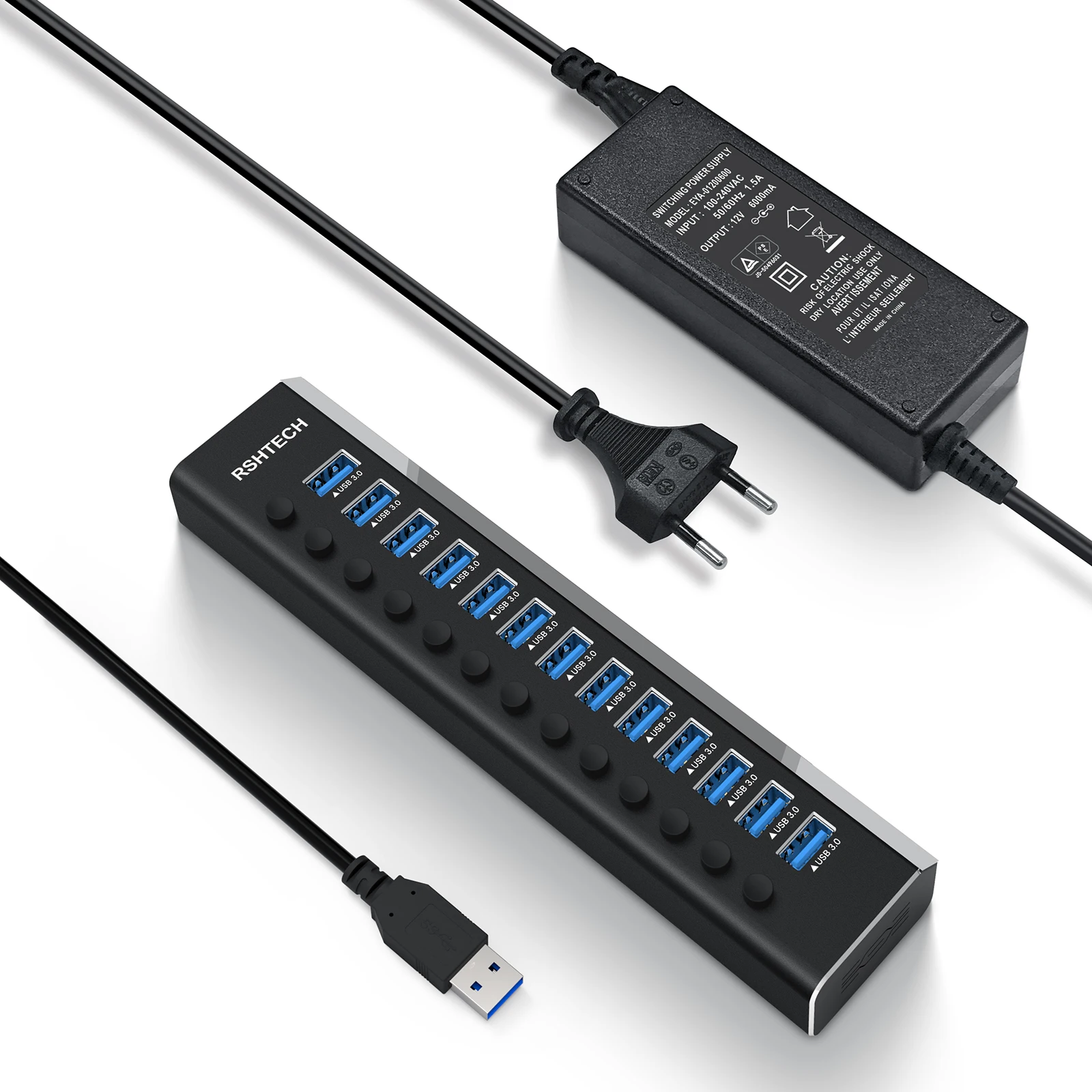

RSHTECH 13 in 1 USB Hub with DC 12V/6A Power Adapter 5Gbps Hub Adapter 13 Port USB 3.0 Hub for Computer Accessories