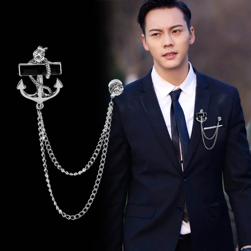 

Korean Fashion New Tassel Anchor Brooch with Chain Fringed Metal Brooches Lapel Pin Badge Male Suit Men Accessories