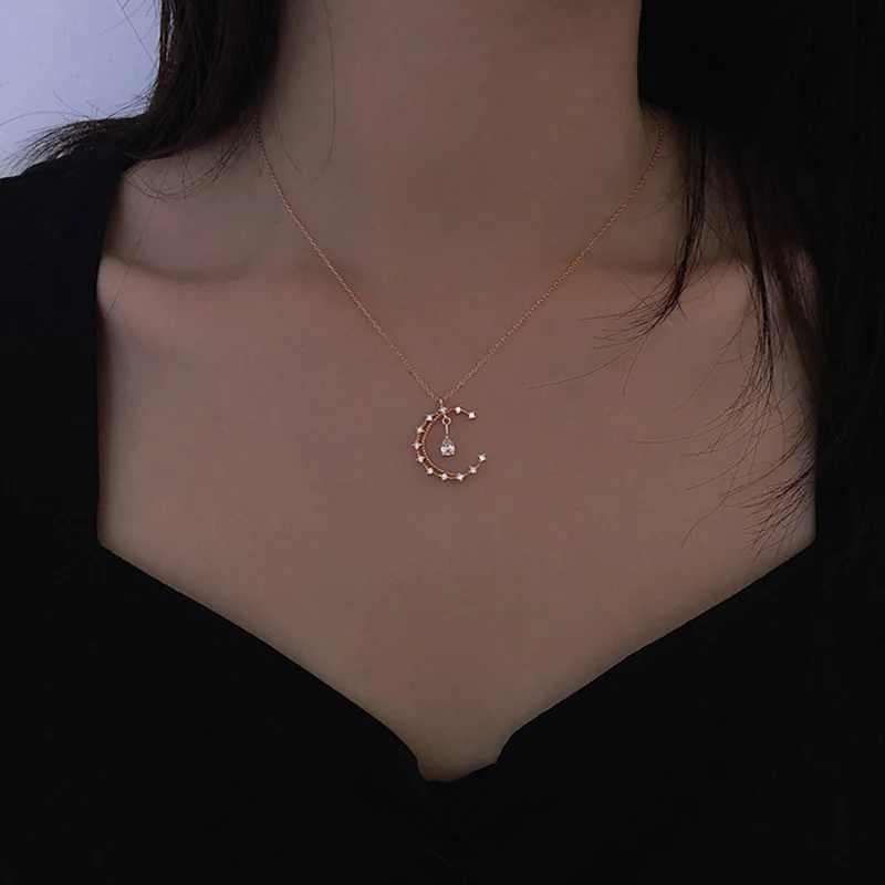 

Fashion Crystal Moon Choker 925 Sterling Silver Pendants Necklaces Gifts Zircon Women Cute Romantic Drop Chain Birthday Jewelry