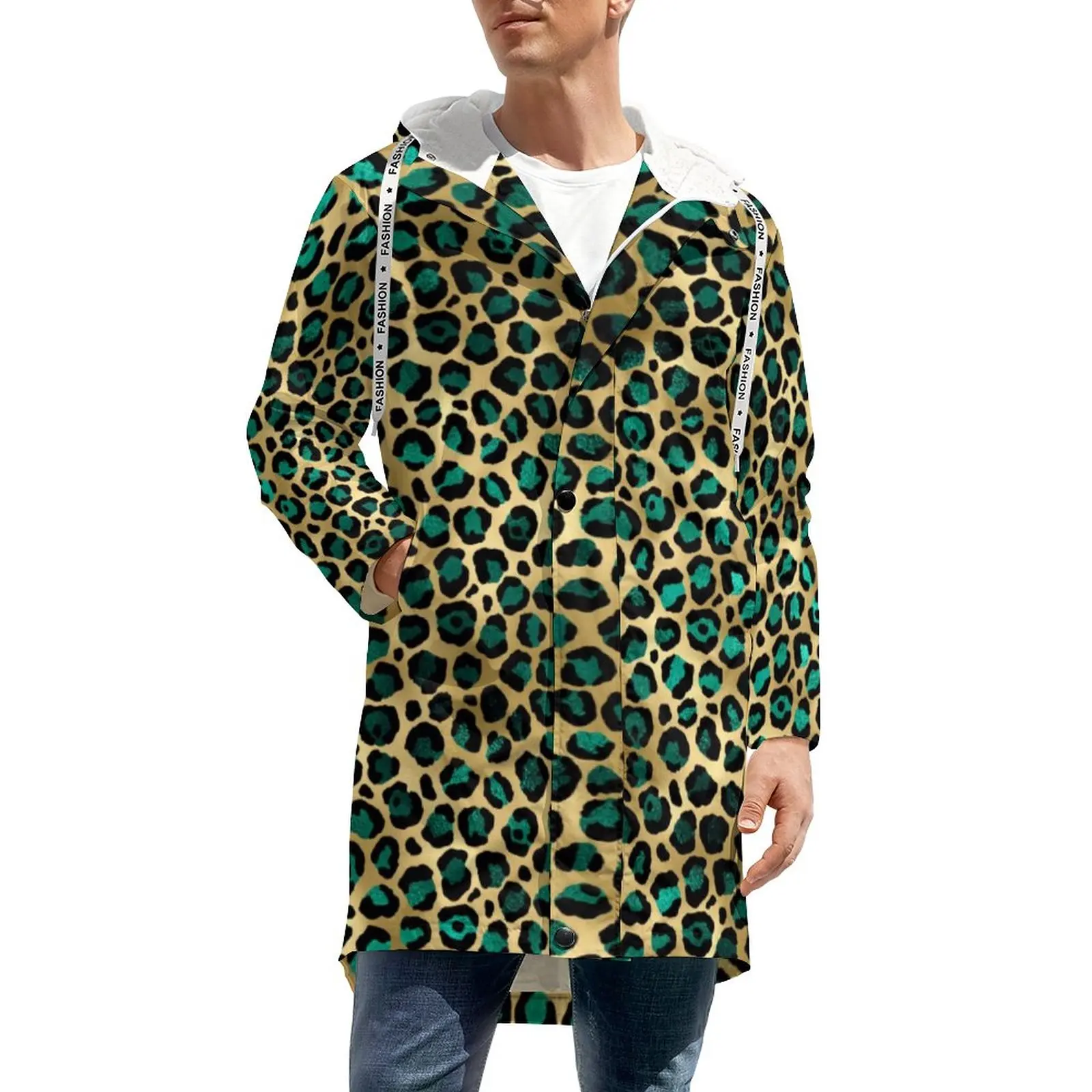 

Teal And Gold Leopard Thick Casual Coats Men Spots Print Classic Winter Jackets Street Fashion Custom Waterproof Windbreakers