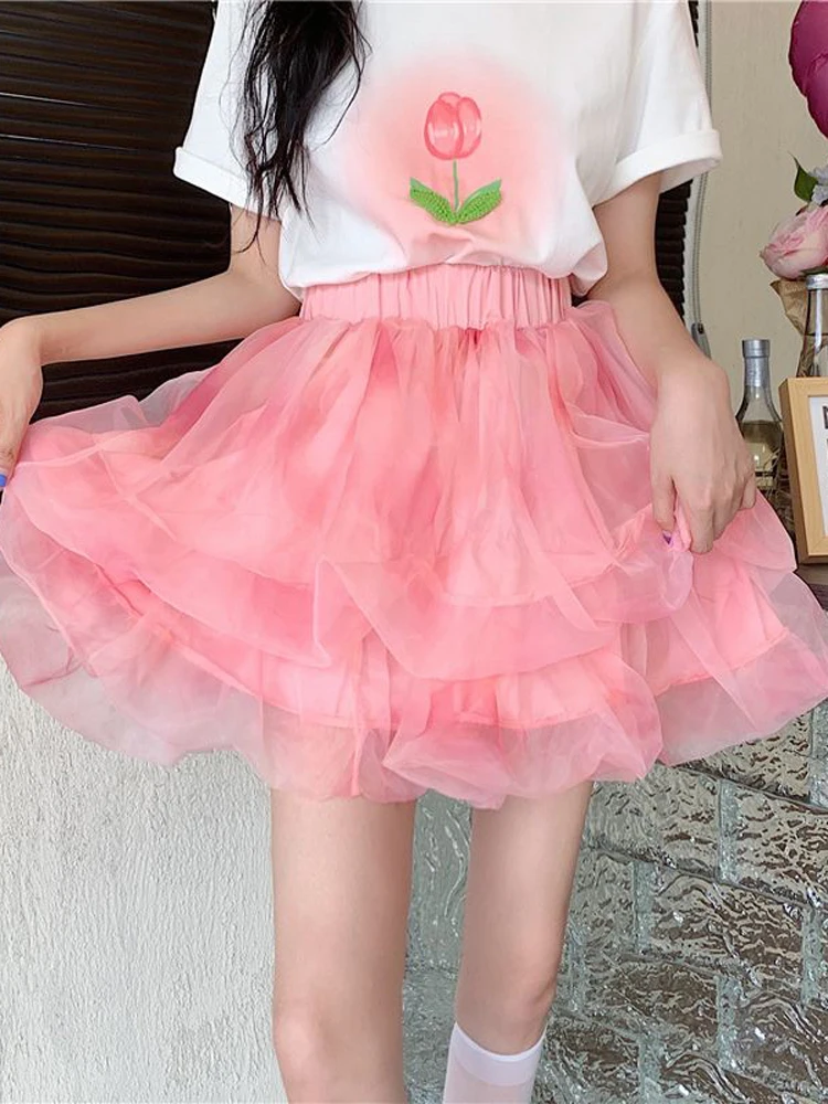 

Zoki Japan Sweet Women Mesh Pink Ball Gown skirt High Waist Fashion Preppy Style Mini Skirt Summer Elegant Student Dance Skirts