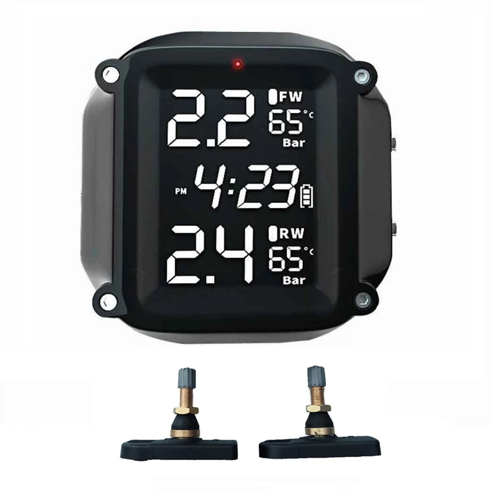 

Беспроводная система контроля давления в шинах мотоцикла TPMS, 2 шт., внешний датчик, ЖК-дисплей времени, монитор температуры в шинах, сигнализация