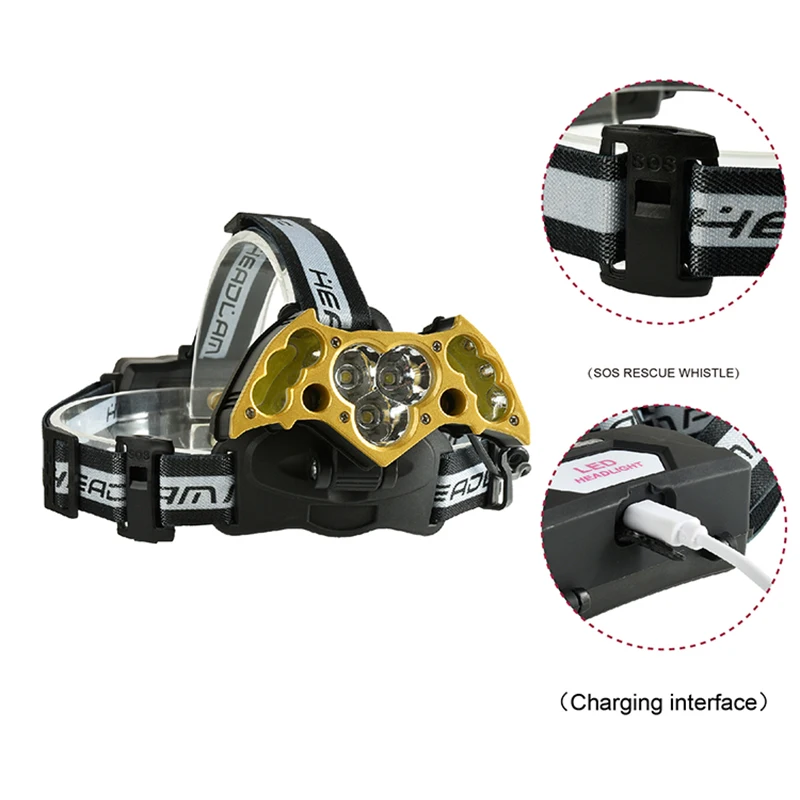 

2701-b 7 light press switch led headlamp (with USB cable) black gold led torch