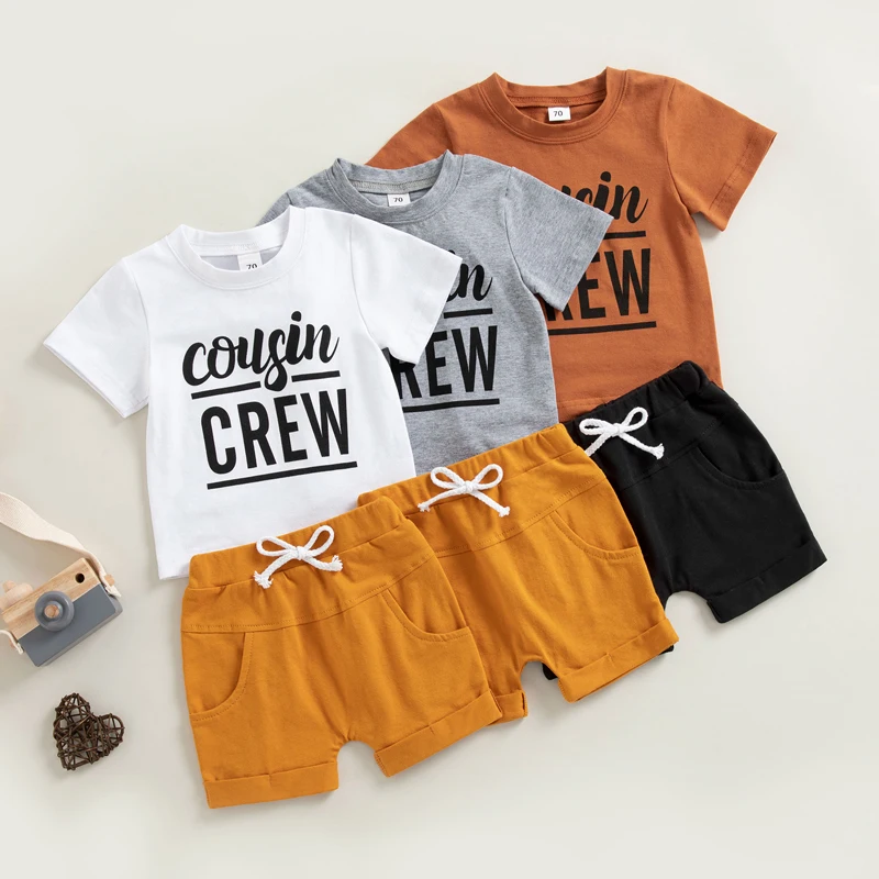 

Летние комплекты одежды для маленьких мальчиков и девочек, топы с коротким рукавом и круглым вырезом + однотонные шорты на шнуровке, повседневный комплект из шортов