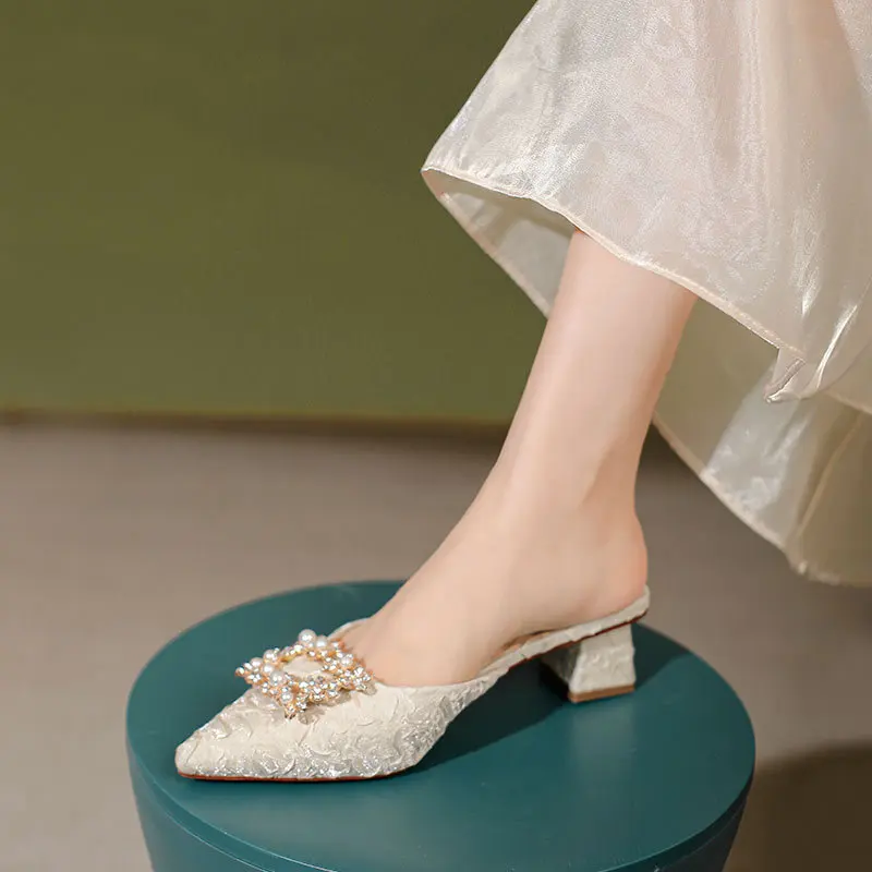 

Летняя модная верхняя одежда, женская обувь с закрытым носком, новинка 2022, туфли со стразами и пряжкой на среднем каблуке, с острым носком