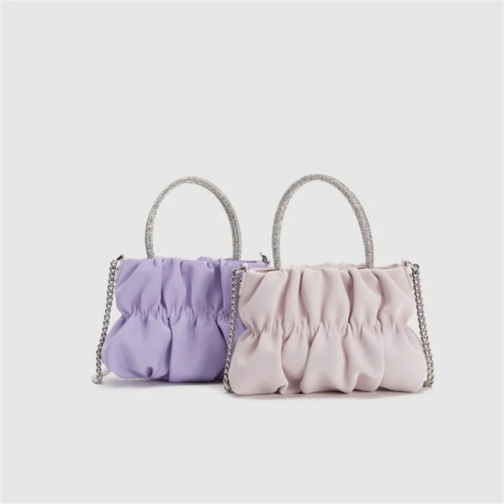 PU Leather Mini Scalloped Handbag Fashion Colorful Pleated Women's Crossbody Cloud Bag Chain Rhineston Single Shoulder Knapsack
