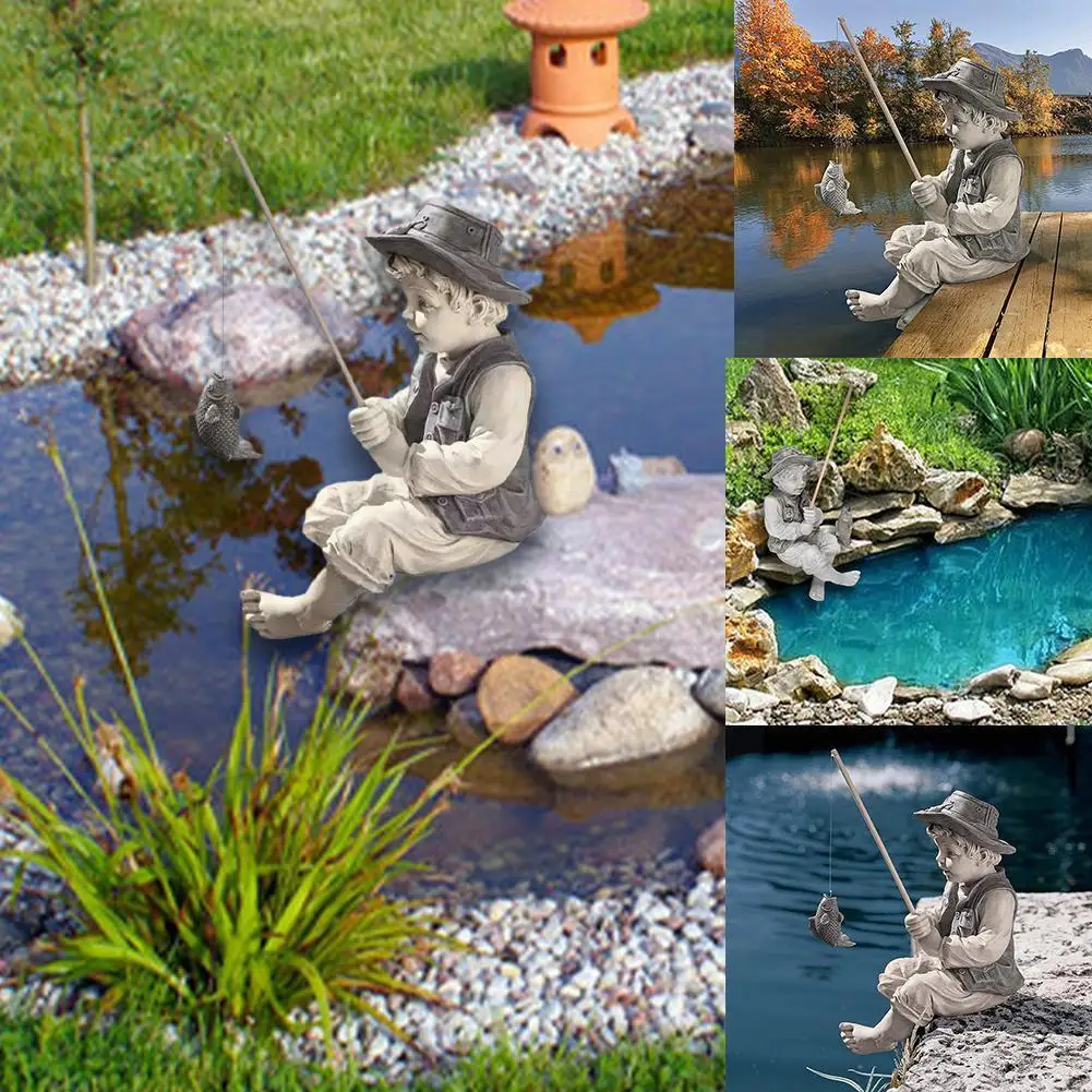 Garden Statue Gone Fishing Boy Garden Ornaments Resin Fisherman Boy With Fishing Rod Figurine Sculpture For Pool Pond Yard Y1h8