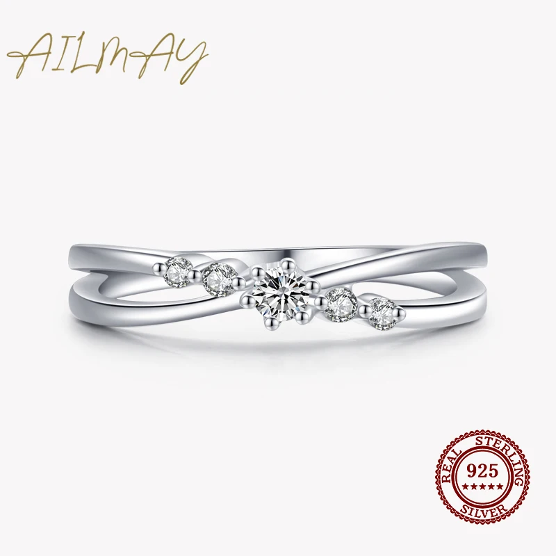 Ailmay Genuine 925 Sterling Silver Simple Staggered Line Stackable Charm Finger Ring For Women Girls Party Accessories Jewelry