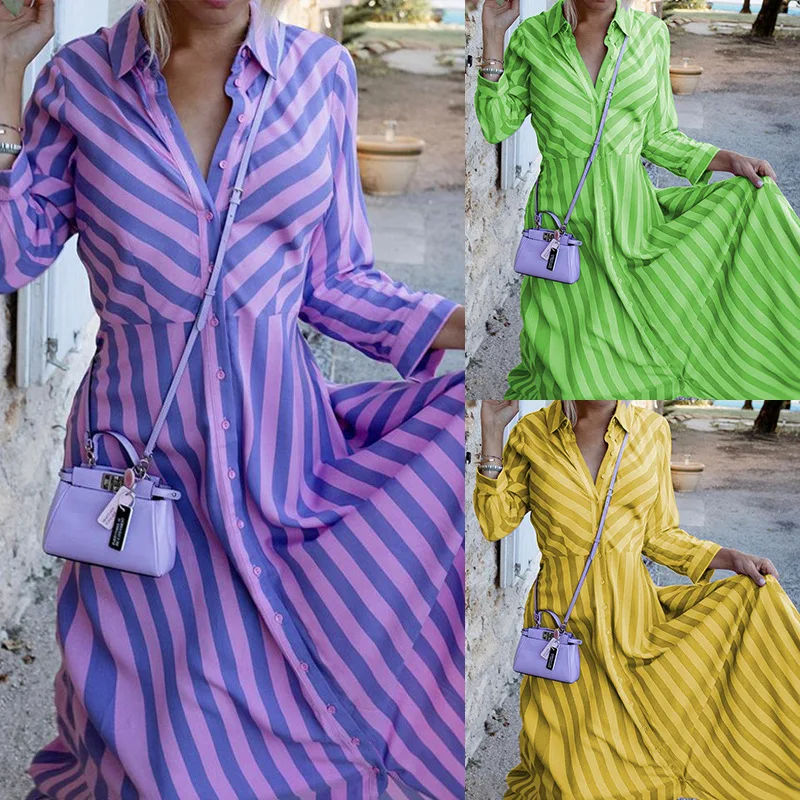 

2023 Women's Fashion Style Stripe V-neck Slim Swing Dress Dress