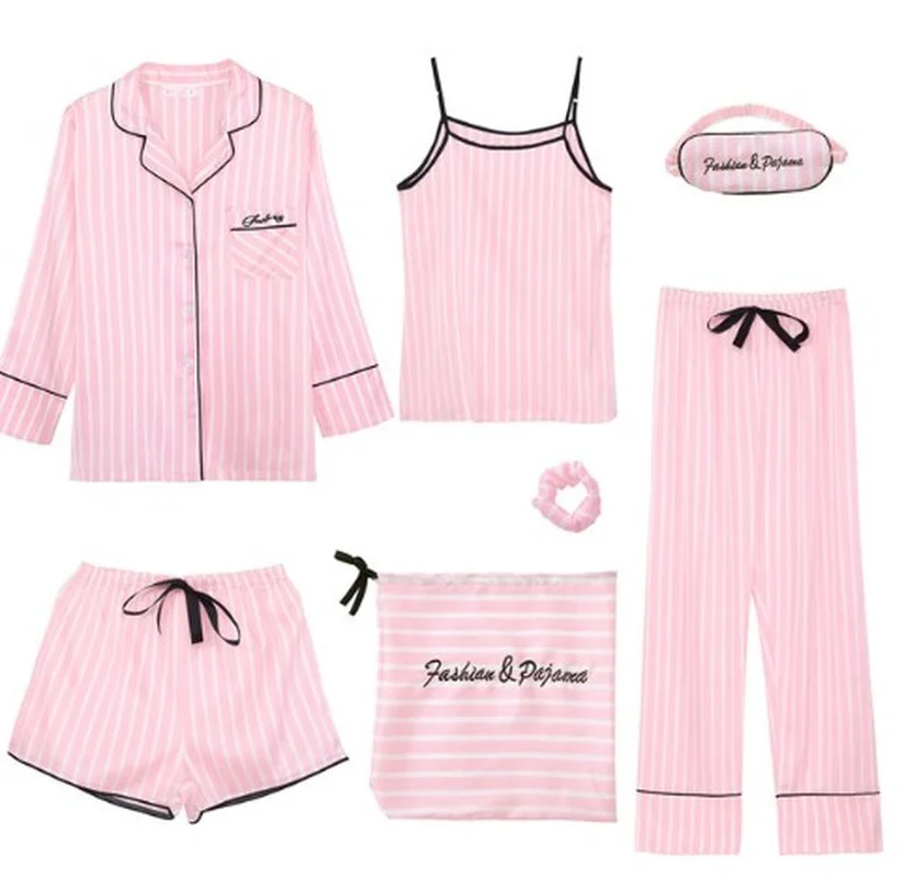 Silk Pajamas Women's Spring and Summer Long-sleeved Trousers Suspenders Shorts Seven-piece Set Women's Casual Sexy Home Wear