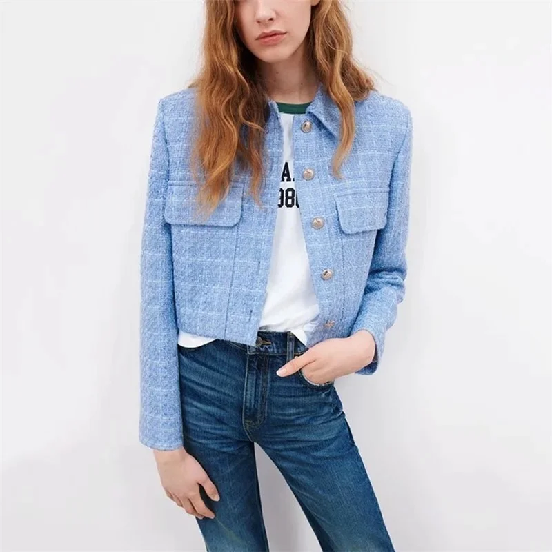 Blue Fashion Tweed Short Blazer Spring Autumn Women Simple Casual Single Button Blazer Indie Elegant Office Commute Streetwear