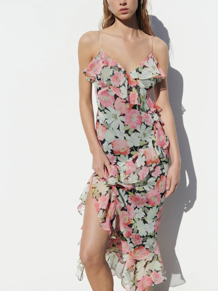 

Женское летнее платье с V-образным вырезом, длинная юбка с оборками и асимметричным многослойным подолом, платье с принтом на тонких лямках