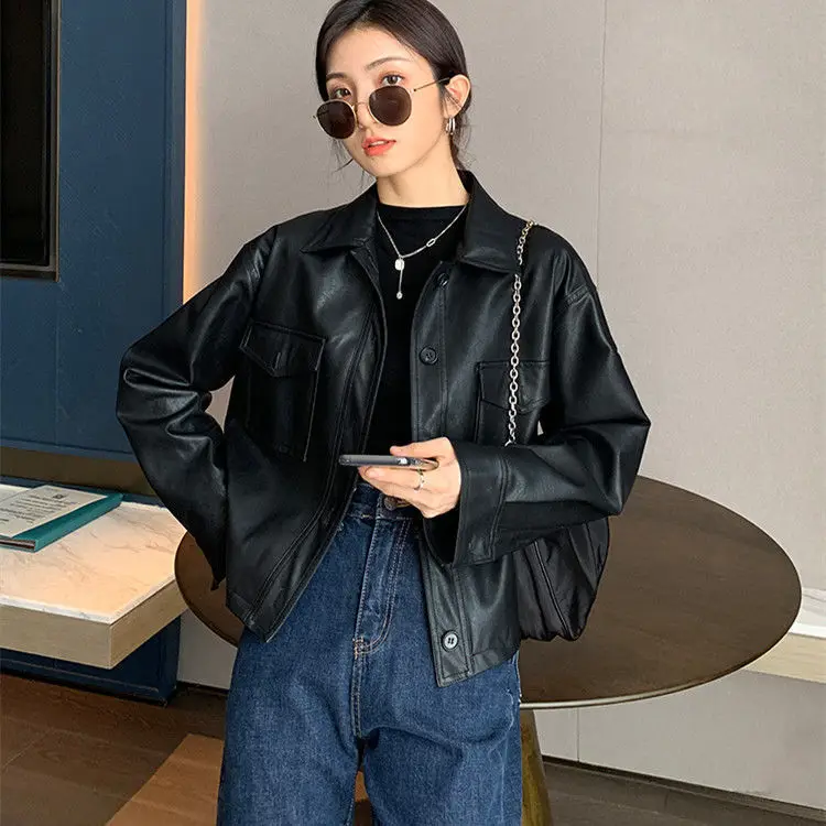 Women's Leather Jacket 2022 Spring  Autumn Motorcycle Jacket  Thick Students  Hotsweet  Single Breasted  Leather & Suede