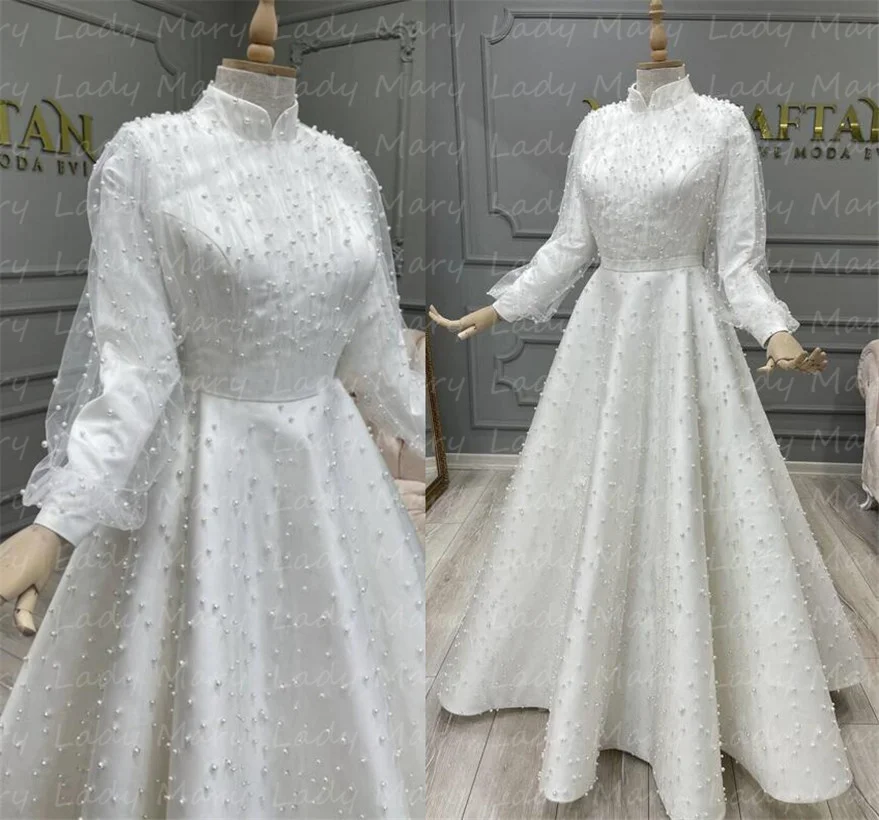 

Elegant Pearls Muslim Wedding Dresses Dubai Saudi Arabic Women Formal Occasion Evening Gowns High Neck Long Sleeves Islamic Robe