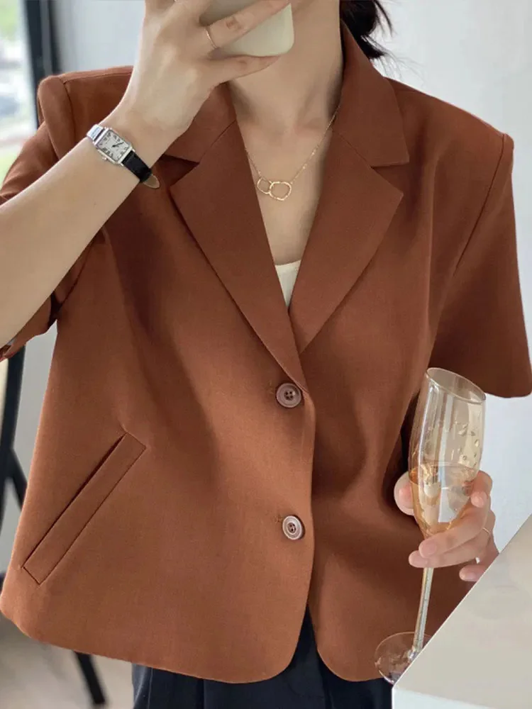 

Женский однобортный Блейзер, элегантный короткий свободный пиджак с отложным воротником и карманами, весна-лето 2023