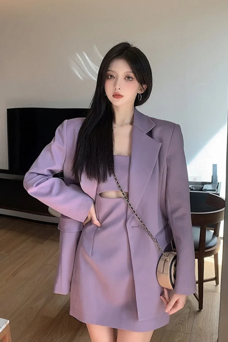 Уличный костюм в стиле интернет-знаменитостей Модный Фиолетовый жакет большого