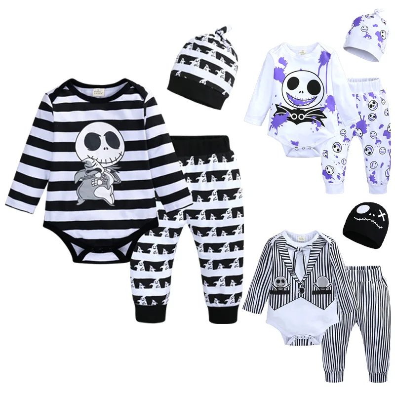 

Children's Halloween Pajamas Baby Girl Boy Stripe Skull Printing Long Sleeve Top+Trousers And Hat 3Piece Set 0-2Y Baby Clothing
