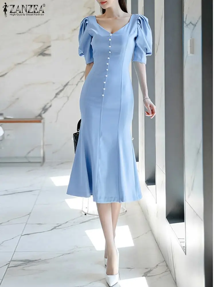 

Платье ZANZEA женское Плиссированное с коротким рукавом, приталенный модный сарафан-миди оверсайз с V-образным вырезом, в Корейском стиле