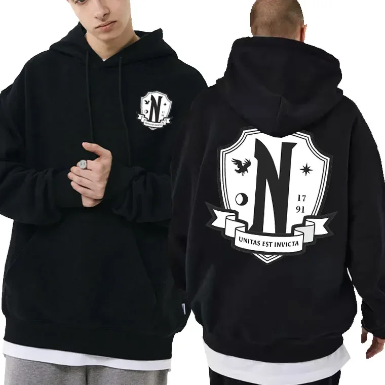 

Wednesday Addams Nevermore Academy Double Sided Logo Hoodie Unisex Casual Hip Hop Hooded Sweatshirts Men Women Plus Size Hoodies