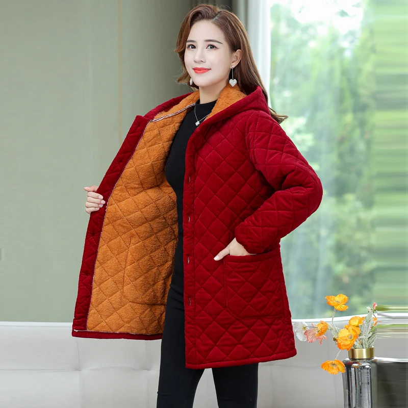 

Winter Women's Cotton Thicken fleece Jacket Single-breasted Corduroy Warm Hooded Coat Middle-aged mother Loose Outwear Parkas