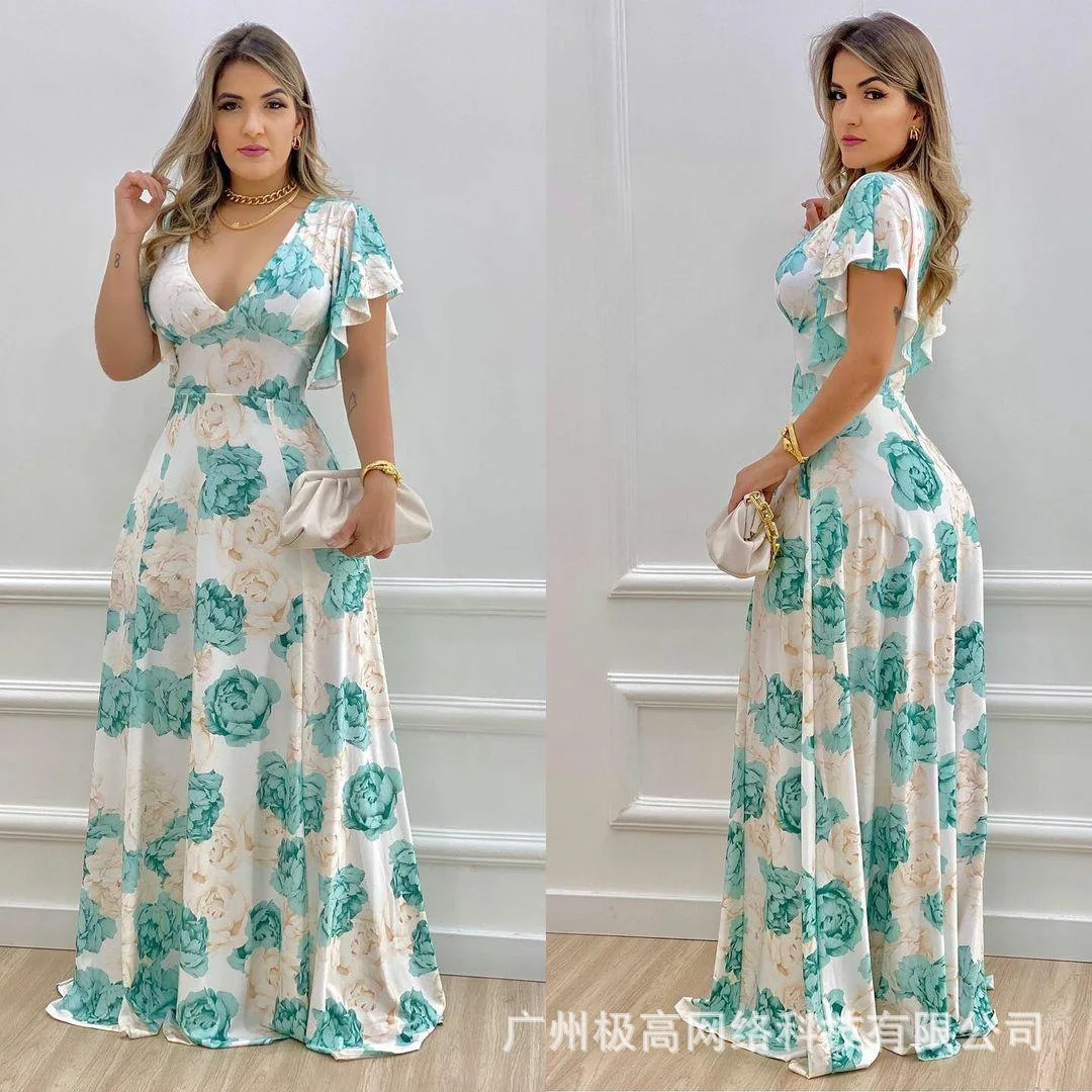 

CHAXIAOA 1 Piece 2022 Women's New Summer Elegant Printed V-Neck Waist Flared Sleeve Temperamental Commuter Dress
