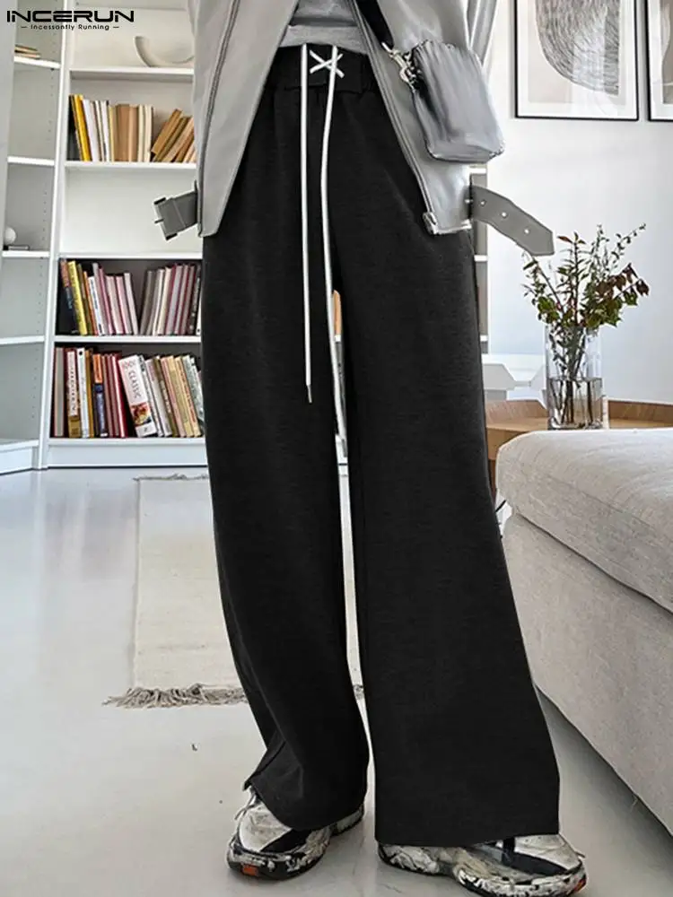 

INCERUN Men Casual Pants Solid Color Drawstring Joggers Streetwear Baggy Wide Leg Trousers Men Workout Cozy Leisure Pantalon 5XL