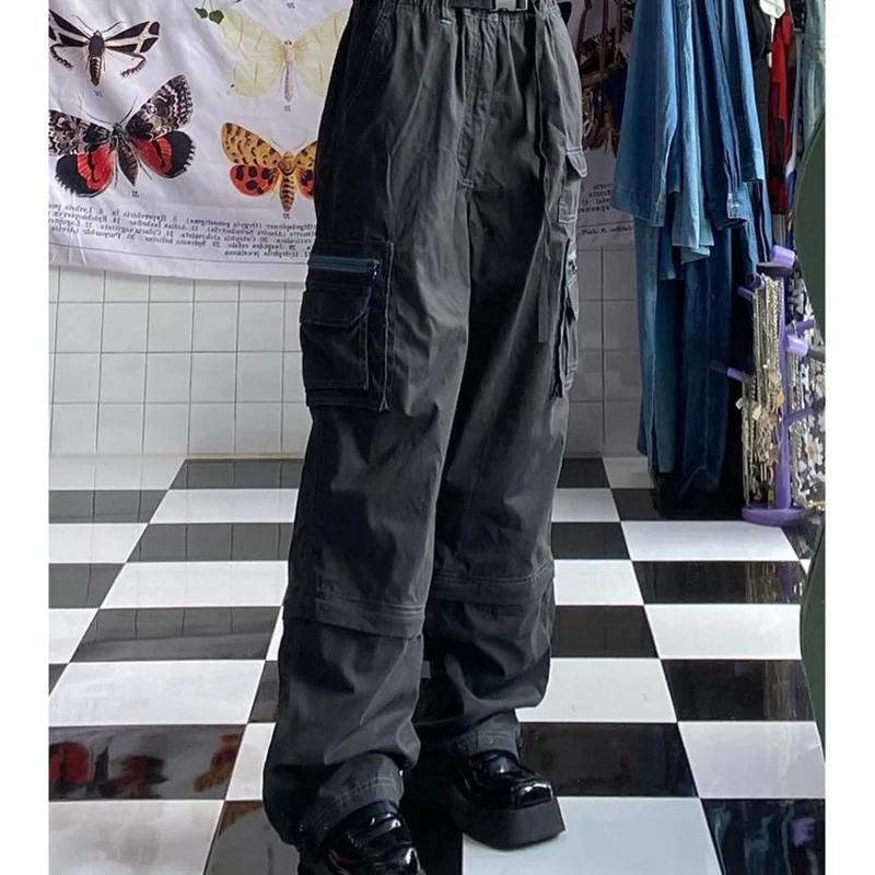 

2023 Loose Grey Grunge Cargo Pants Women High Waist Pockets Streetwear Techwear Pants Y2K 90S Baggy Trousers Vintage Buckle