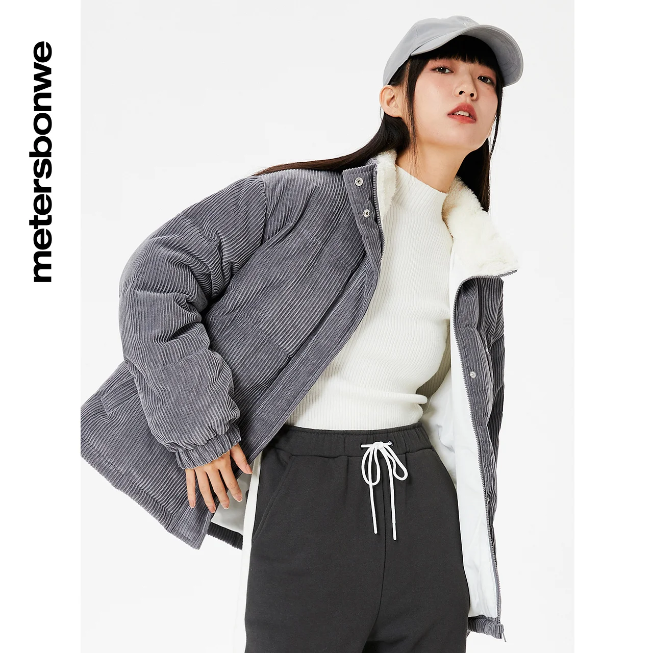 Metersbonwe Women's Corduroy Stand Collar Down Jackets 80%Light And Soft Duck Down Warm Wear Loose Solid Color Winter Down Coat