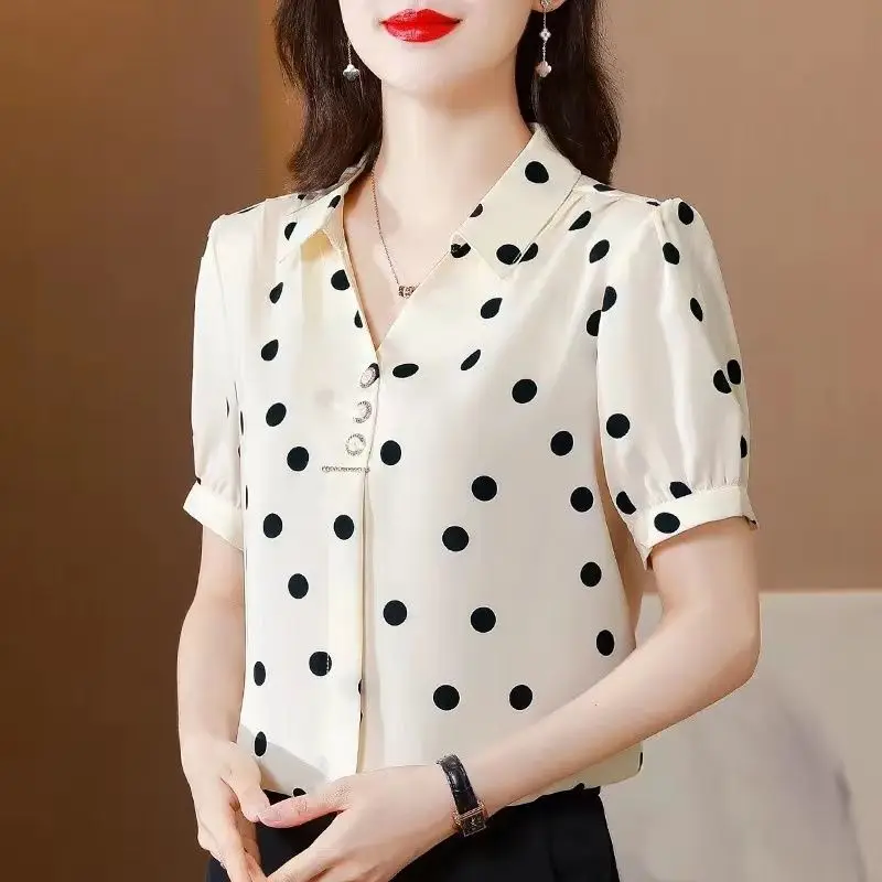 Summer Elegant V-Neck Chic Button Female Clothing Casual Short Sleeve Spliced Blouse Office Lady Stylish Polka Dot Printed Shirt