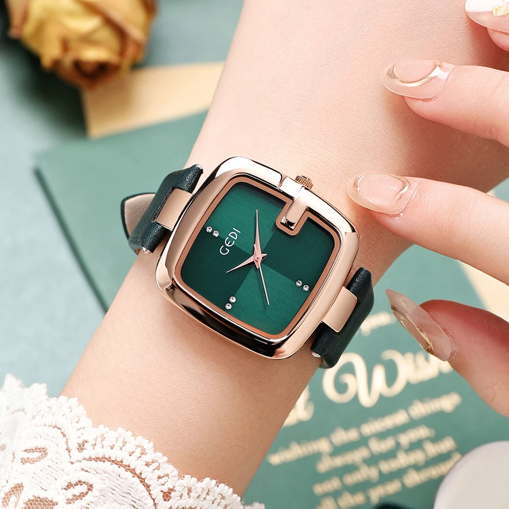 GEDI Minimalist Green Leather Women Sqaure Watches Simple Fashion Big Dial Elegant Ladies Quartz Wrist Watch Casual Female Clock