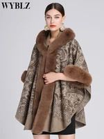 wyblz autumn khaki long faux rabbit fur collar hat cloak women party overcoat winter thick cape loose printed streetwear coat
