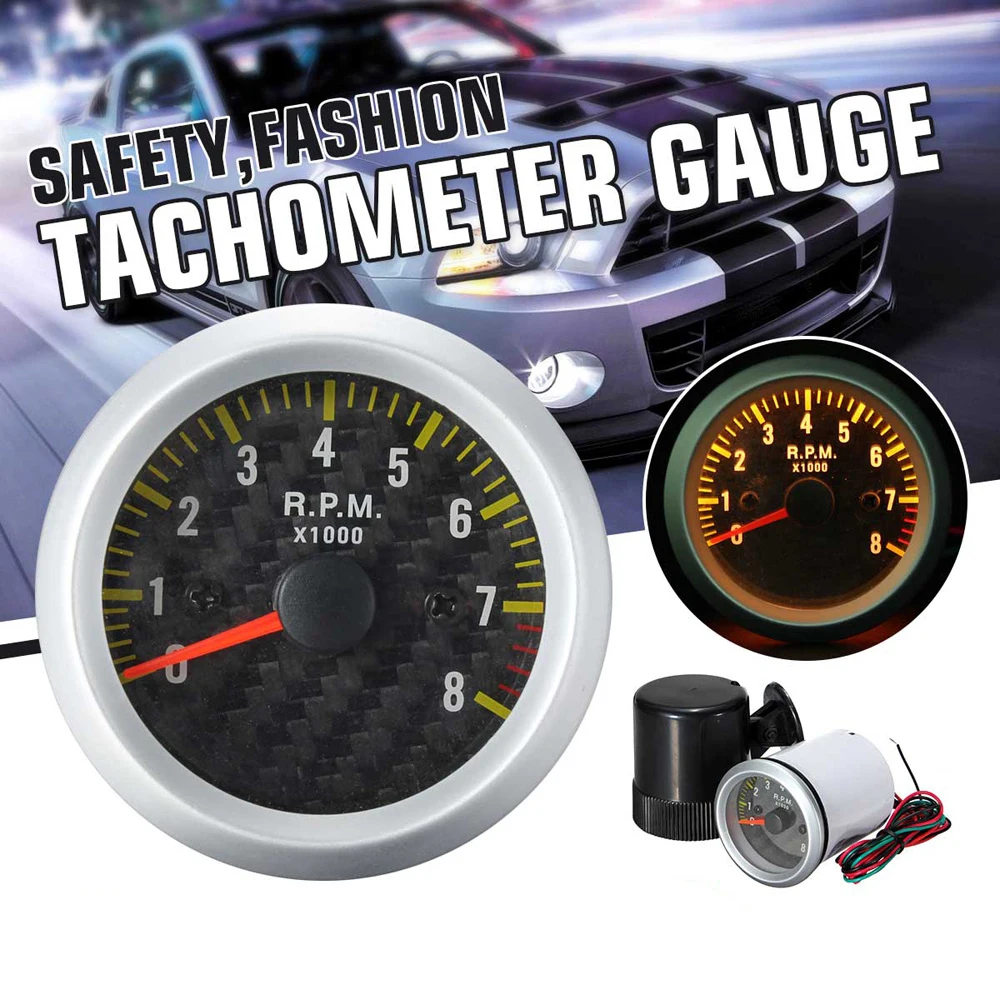 

52mm Tachometer 0-8000 RPM Fit For 12V Gasoline Vehicles 4-8 Cylinder Engines Carbon Fiber Dial Plate Yellow LED Parts