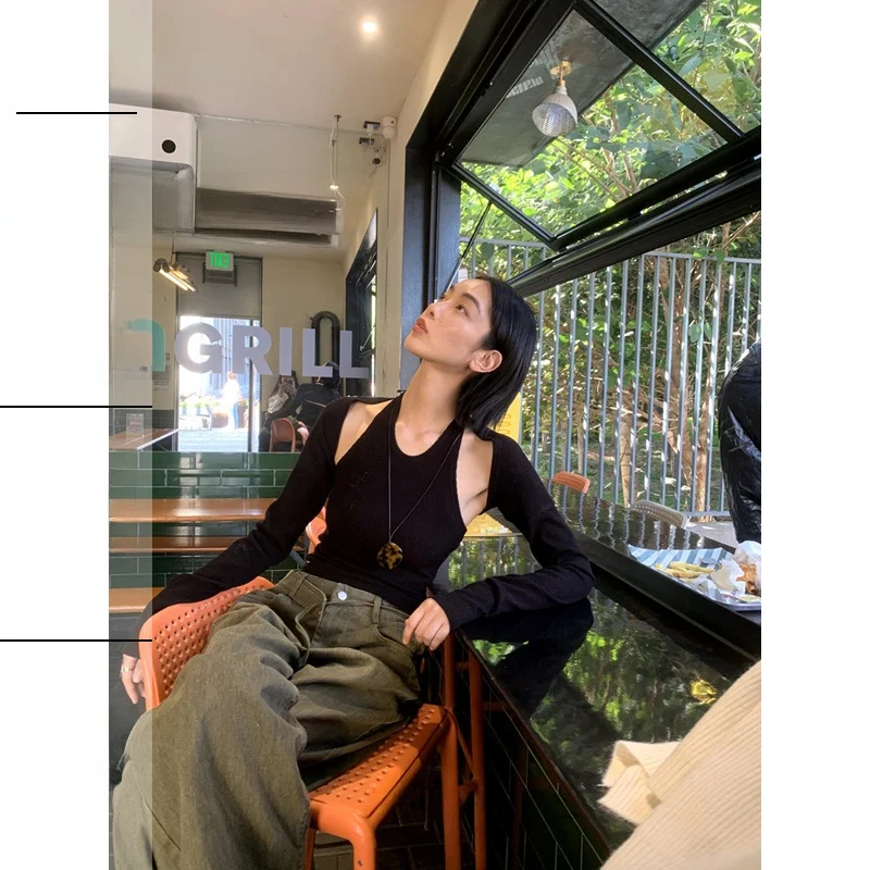 Lonslan 2024 осенний новый дизайн облегающий топ с бретелькой на шее + нарукавники