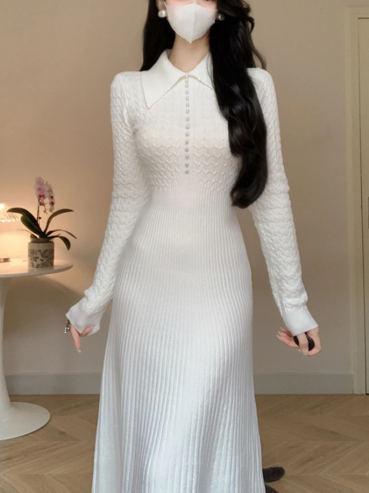 Платье-Свитер женское трикотажное ТРАПЕЦИЕВИДНОЕ с отворотом и длинным рукавом