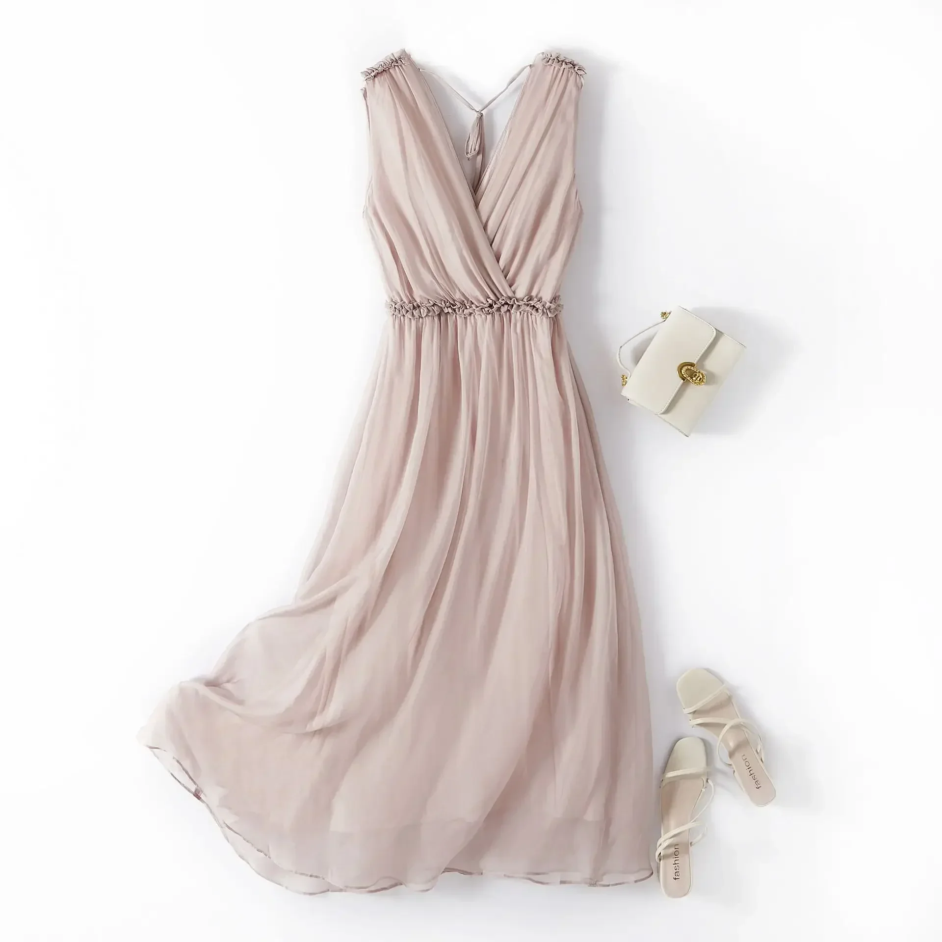 

Mulberry Silk Summer Celebrity Beach Holiday Strap White Super Fairy Long Dress