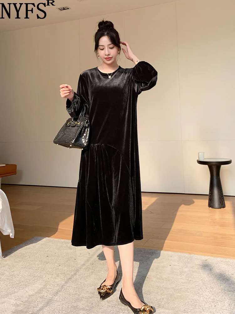 

NYFS 2023 Spring Autumn New Korea Woman Dress Vestidos Robe Femme Elbise Loose Plus Size Velvet Paneled Pleats Long Dress