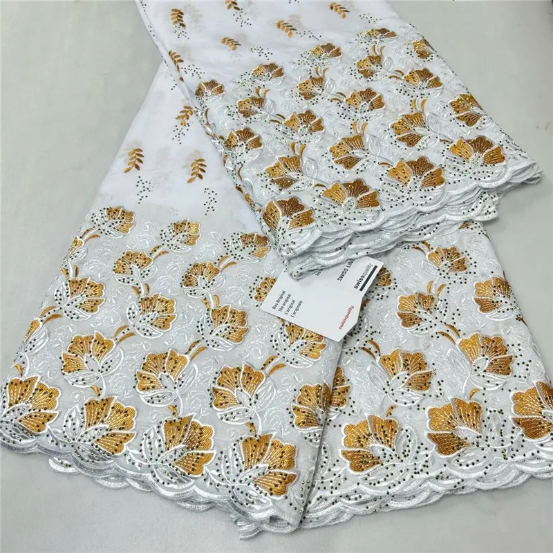 

5 Yard High Quality Dry Lace Fabric 2023 Latest Heavy Beaded Embroidery African 100% Cotton Swiss Voile Popular Dubai Style 4L78